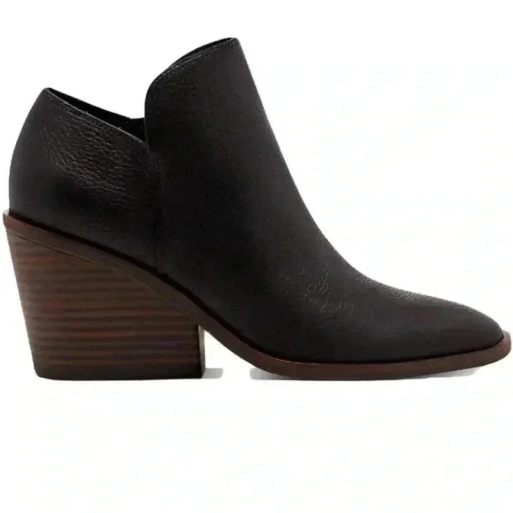 Lucky Brand Sauci Almond Toe Block Heel Leather Ankle Booties Black sz 7m
